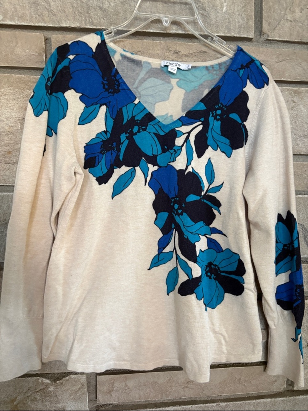 Chico's Cream V-Neck Sweater with Blue Floral Design